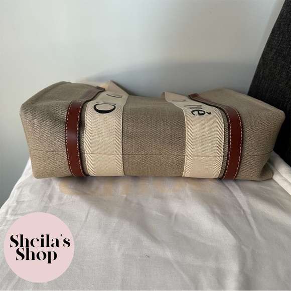 NWT Chloe Woody Medium Tote Bag Leather-Trimmed Canvas White & Brown - Picture 6 of 10